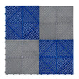 Vented garage floor tiles in alternating grey and blue, featuring a textured surface and interlocking edges for easy installation