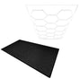 Hexagon LED light design above textured black vented garage floor tiles, showcasing durable material and modern geometric shapes