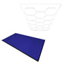 Hexagon LED light design above blue vented garage floor tiles with textured surface and black edges, ideal for modern spaces