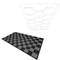 Hexagon LED light design above a checkered pattern of 60 black and 60 grey vented garage floor tiles, showcasing durability and modern style