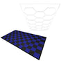 Hexagon LED light design above a checkered pattern of black and blue vented garage floor tiles with textured surfaces
