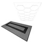 Hexagon LED light design above a rectangular arrangement of grey and black vented garage floor tiles with textured surfaces