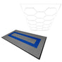 Hexagon LED light design with grey and blue vented garage floor tiles, showcasing textured patterns and edge detailing