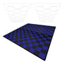 Hexagon LED lights in black and blue above a textured checkered garage floor tile mat in black and blue, showcasing vibrant colors and patterns