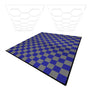 Hexagon LED lights in white above a checkered garage floor with grey and blue vented tiles, showcasing a modern design and texture