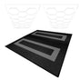 Hexagon LED lights in white above vented garage floor tiles featuring a textured black surface with grey edges, ideal for modern spaces