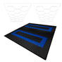 Hexagon LED lights in white above black vented garage floor tiles featuring blue rectangular edges, showcasing a modern design
