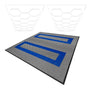 Hexagon LED lights in white paired with grey vented garage floor tiles featuring blue accents and textured surfaces for durability