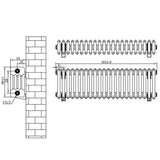 Traditional white 4 column radiator with detailed dimensions, showcasing a sleek design and sturdy construction for efficient heating
