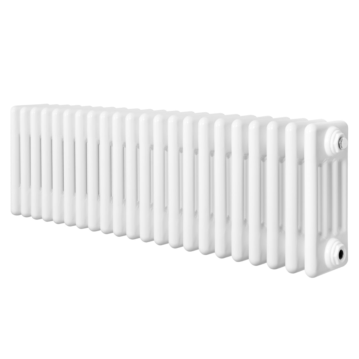 Traditional white 4 column radiator measuring 300 x 1010mm, featuring a smooth, glossy finish and classic design for efficient heating