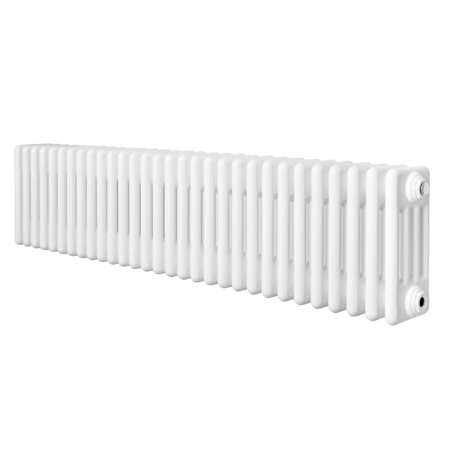 Traditional white 4 column radiator measuring 300 x 1370mm, featuring a sleek, smooth finish and a classic design ideal for home heating