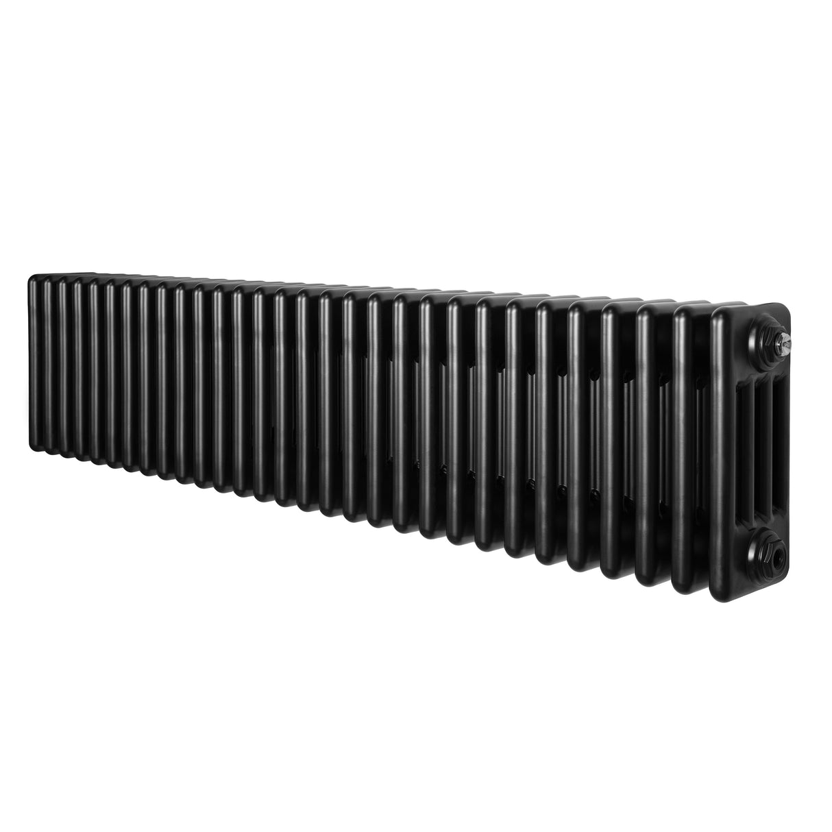 Traditional black 4 column radiator measuring 300 x 1370mm, featuring a sleek, smooth finish and a modern design suitable for various interiors