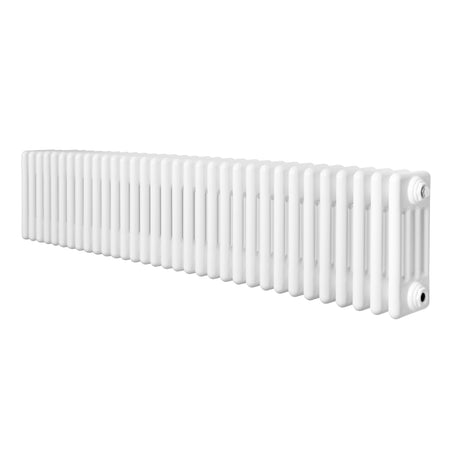 Traditional white 4 column radiator, 300 x 1505mm, featuring a smooth, glossy finish and a sleek, elongated design for efficient heating