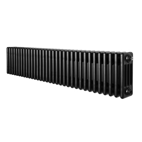 Traditional black 4 column radiator measuring 300 x 1505mm, featuring a sleek, smooth finish and vertical ribbed design for efficient heating