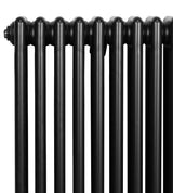 Traditional black 4 column radiator with smooth, glossy finish and rounded edges, measuring 300 x 1505mm, ideal for classic interiors