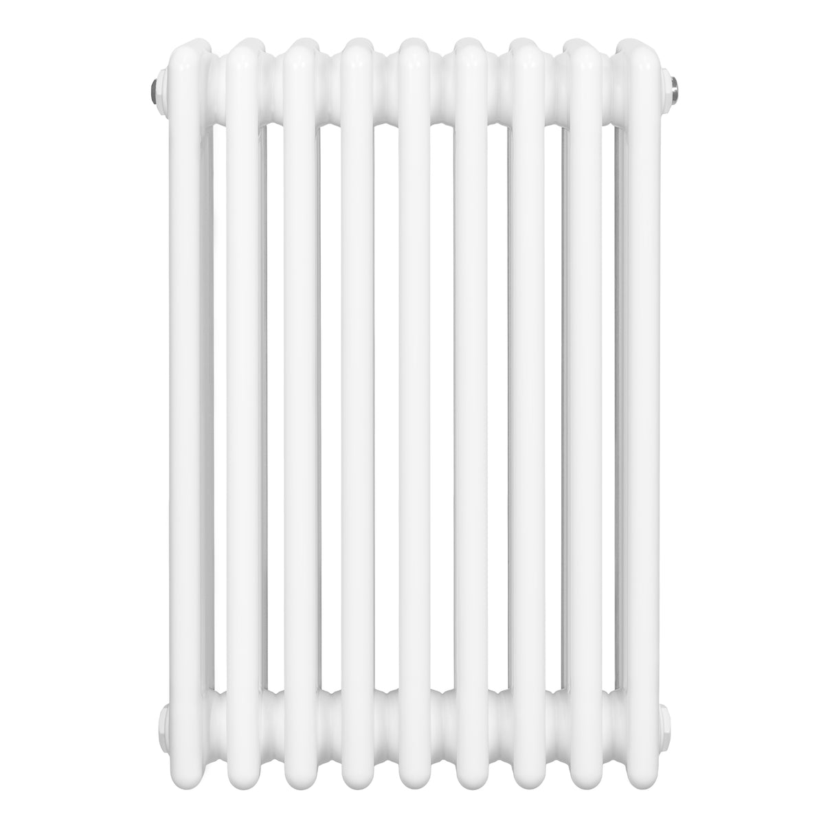 White traditional 4 column radiator with a smooth, glossy finish and rounded edges, measuring 600 x 425mm, ideal for heating spaces