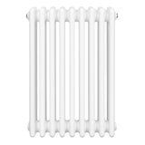 White traditional 4 column radiator with a smooth, glossy finish and rounded edges, measuring 600 x 425mm, ideal for heating spaces