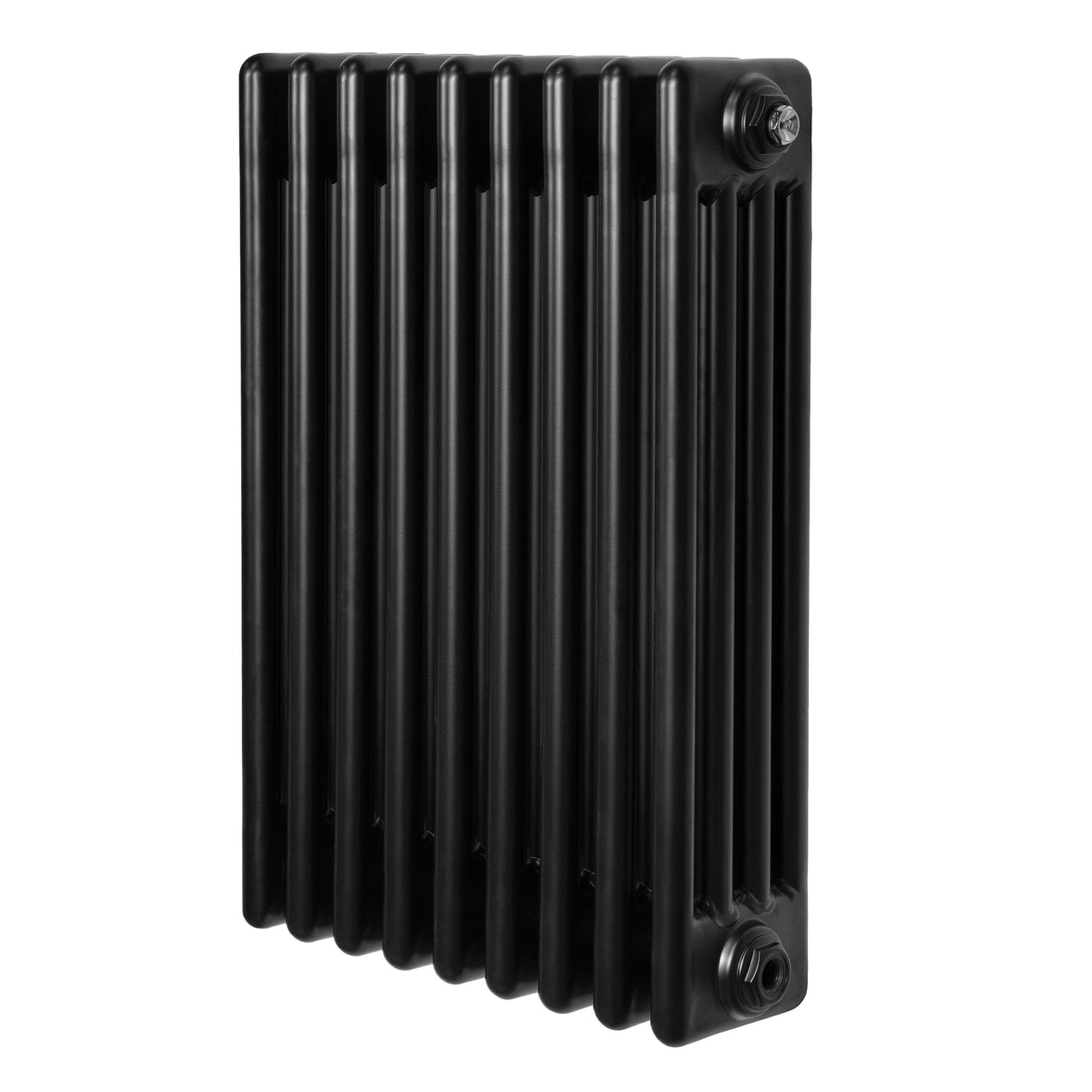 Traditional black 4 column radiator, 600 x 425mm, featuring a sleek, vertical design with smooth, glossy finish and rounded edges