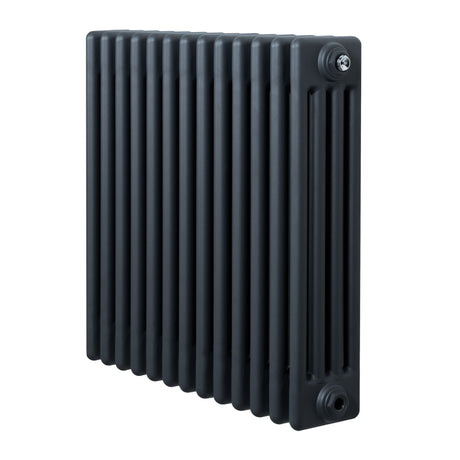 Traditional anthracite grey 4 column radiator, 600 x 605mm, featuring a sleek, smooth finish and vertical slats for efficient heating