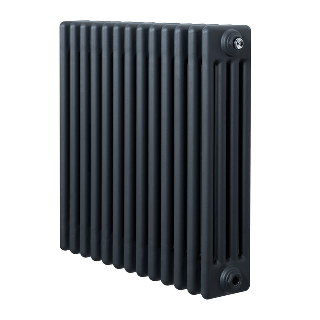 Traditional anthracite grey 4 column radiator, 600 x 605mm, featuring a sleek, smooth finish and vertical slats for efficient heating