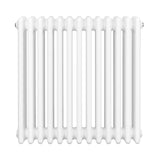 Traditional white 4 column radiator with a smooth, glossy finish, measuring 600 x 605mm, designed for efficient heating