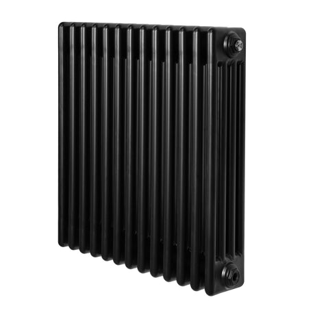Traditional black 4 column radiator with a sleek, modern design, featuring smooth, vertical lines and a compact size of 600 x 605mm