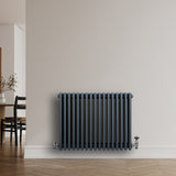 Traditional anthracite grey 4 column radiator with sleek vertical lines, mounted on a light wall in a modern interior setting