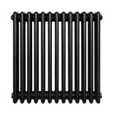 Traditional black 4 column radiator with a sleek, glossy finish, featuring rounded edges and a compact design, measuring 600 x 605mm
