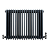 Traditional anthracite grey 4 column radiator with sleek, ribbed design and polished valves, measuring 600 x 785mm