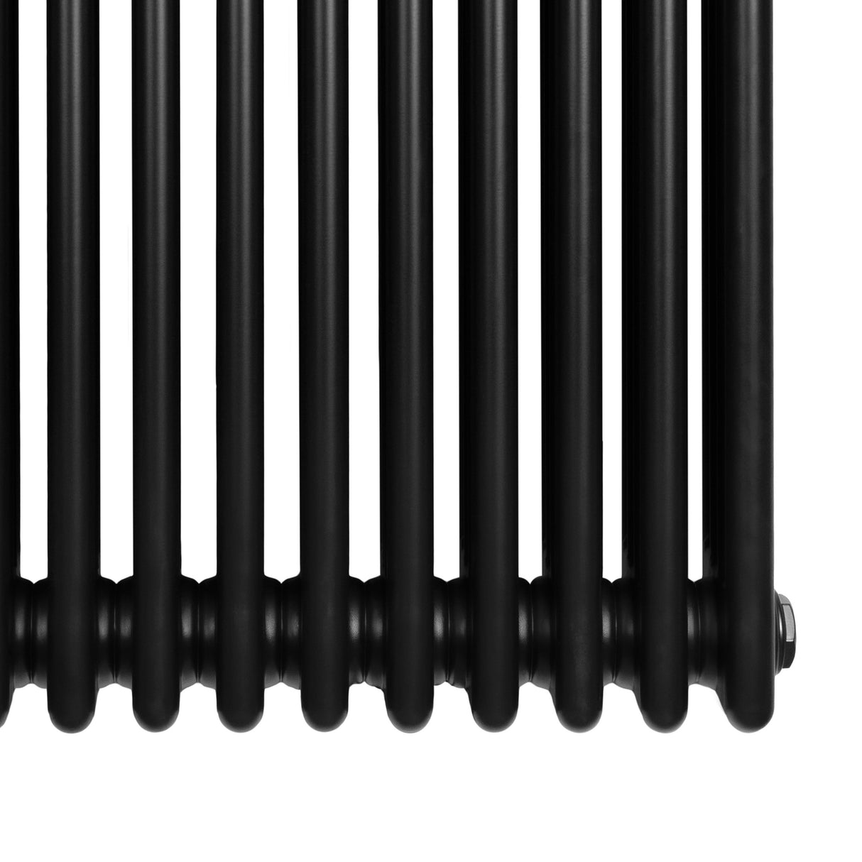 Traditional black 4 column radiator with a sleek, smooth finish, featuring rounded edges and a compact design, ideal for heating spaces