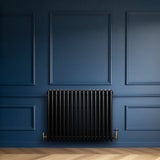 Traditional black 4 column radiator against a deep blue wall, featuring sleek vertical lines and a classic design with brass fittings