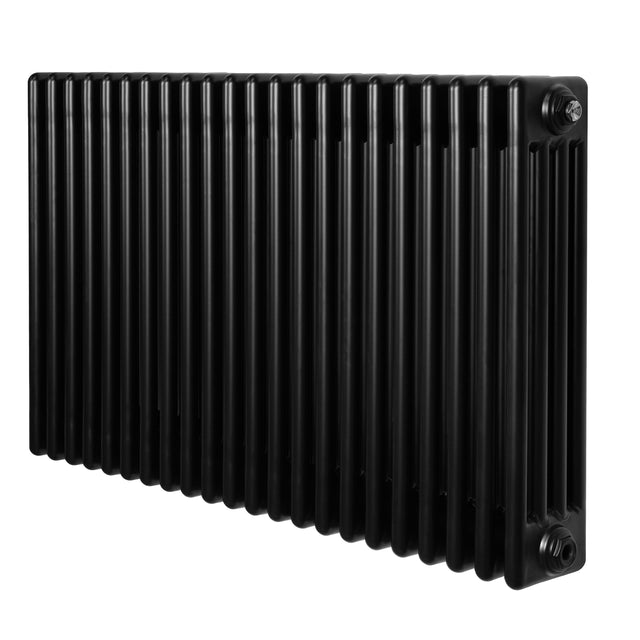 Traditional black 4 column radiator with a sleek, vertical design, featuring a smooth finish and sturdy metal construction, measuring 600 x 1010mm