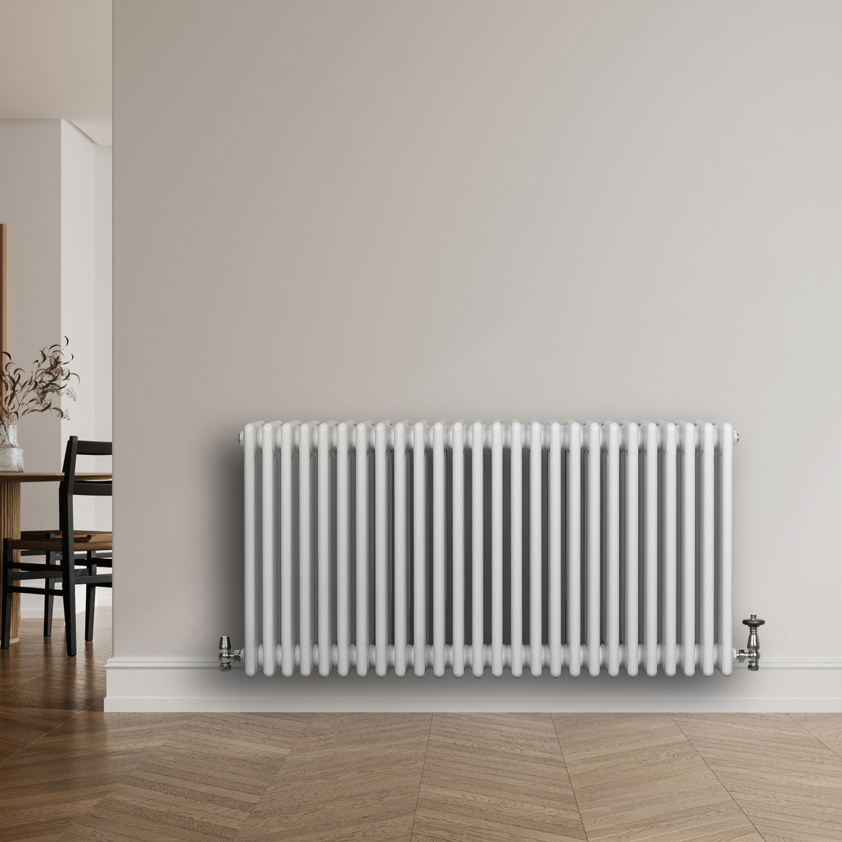 Traditional white 4 column radiator, 600 x 1190mm, featuring smooth, glossy finish, installed against a light wall in a modern room