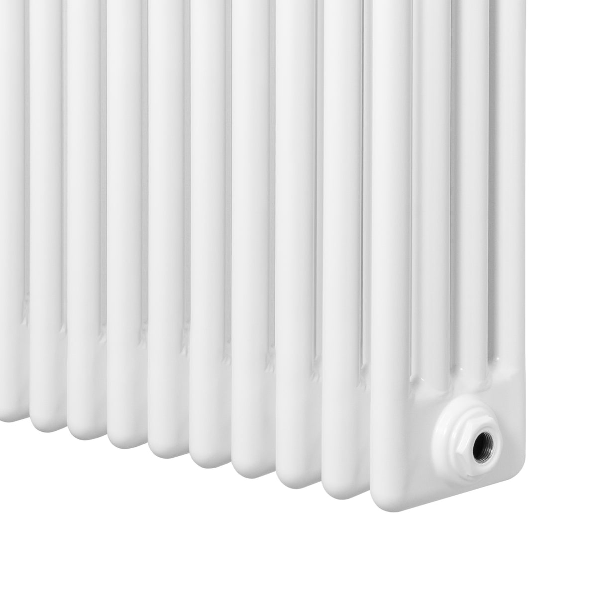Traditional white 4 column radiator with a smooth, glossy finish, measuring 600 x 1190mm, showcasing vertical lines and rounded edges