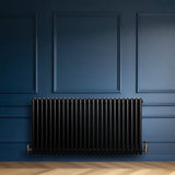 Traditional black 4 column radiator against a deep blue wall, featuring sleek lines and a glossy finish, enhancing modern decor