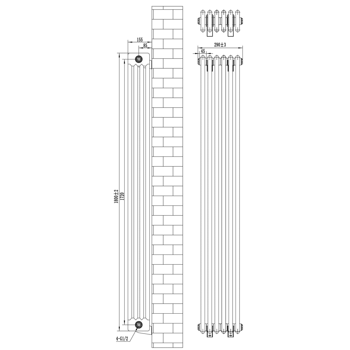 Traditional white 4 column radiator measuring 1800 x 290mm, featuring a sleek design and smooth, glossy finish for modern interiors