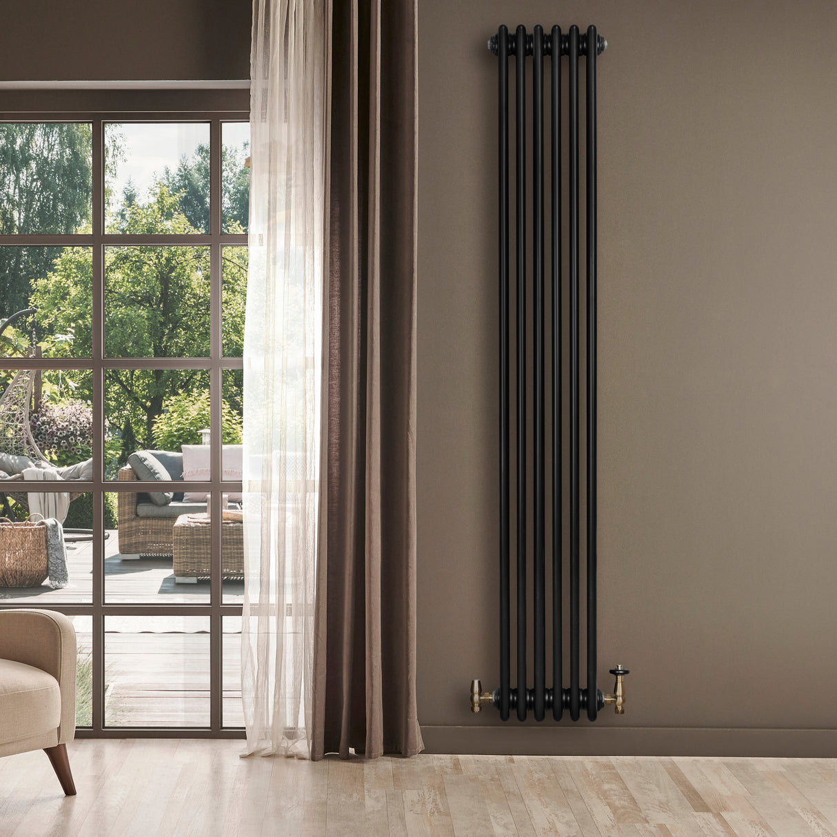 Traditional black 4 column radiator, 1800 x 290mm, featuring a sleek design with vertical lines, mounted on a neutral wall