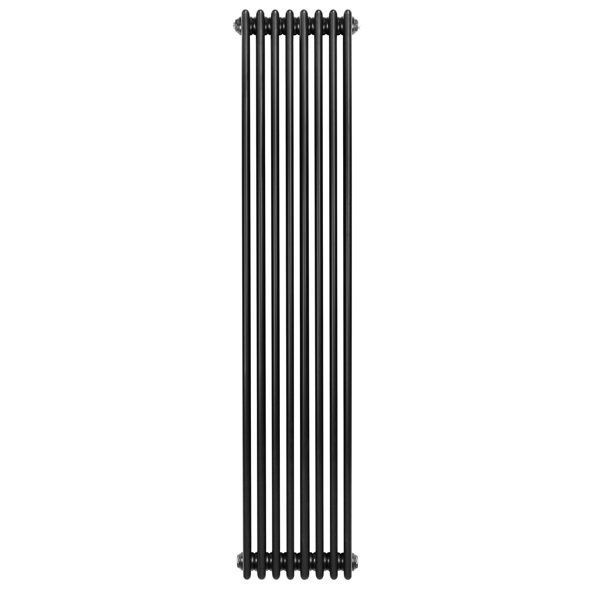 Sleek black traditional 4 column radiator, 1800 x 380mm, featuring a vertical design with smooth, polished metal finish and rounded edges