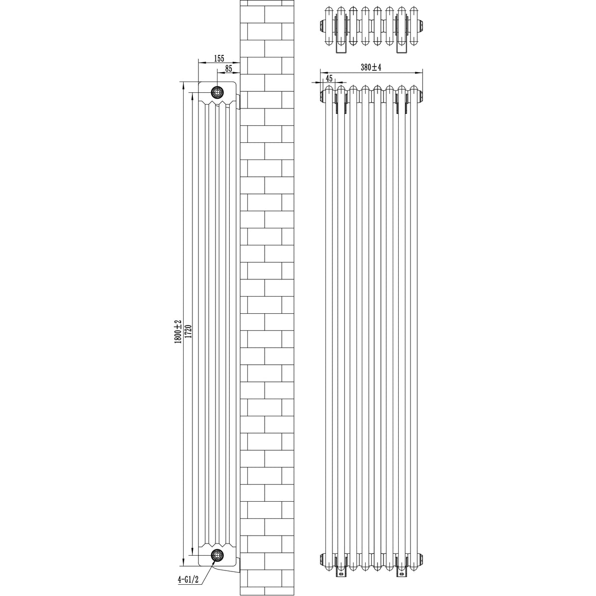 Traditional black 4 column radiator measuring 1800 x 380mm, featuring a sleek design with vertical lines and rounded edges