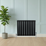 Sleek black flat single column radiator, 600 x 700mm, positioned against a light blue wall, with a modern plant beside it on wooden flooring