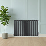 Flat single column radiator in anthracite grey, featuring sleek vertical slats, positioned beside a potted plant on a wooden floor