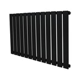 Sleek black flat single column radiator with vertical slats, measuring 600 x 910mm, designed for modern heating solutions