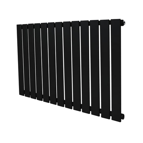 Sleek black flat single column radiator with vertical slats, measuring 600 x 910mm, designed for modern heating solutions