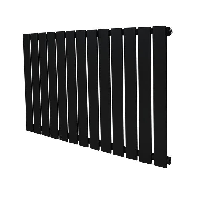 Sleek black flat single column radiator with vertical slats, measuring 600 x 910mm, designed for modern heating solutions