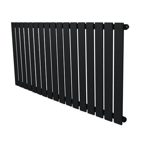 Sleek black flat single column radiator with a modern design, measuring 600 x 1190mm, featuring vertical slats and a matte finish