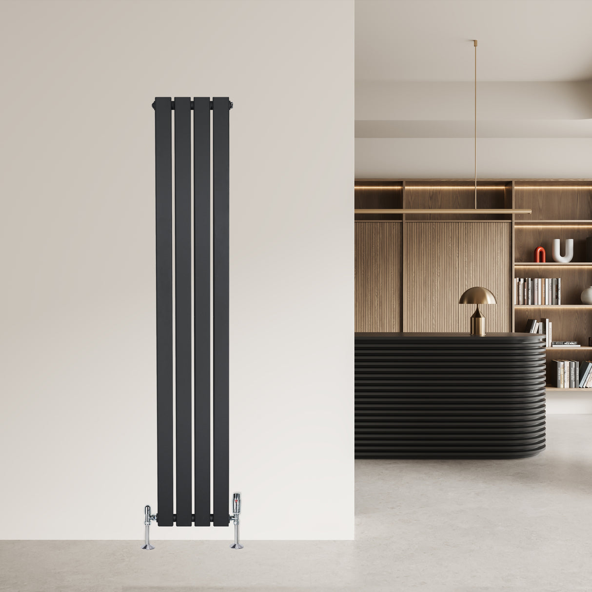 Sleek anthracite grey flat single column radiator with vertical lines, mounted on a light wall in a modern interior setting