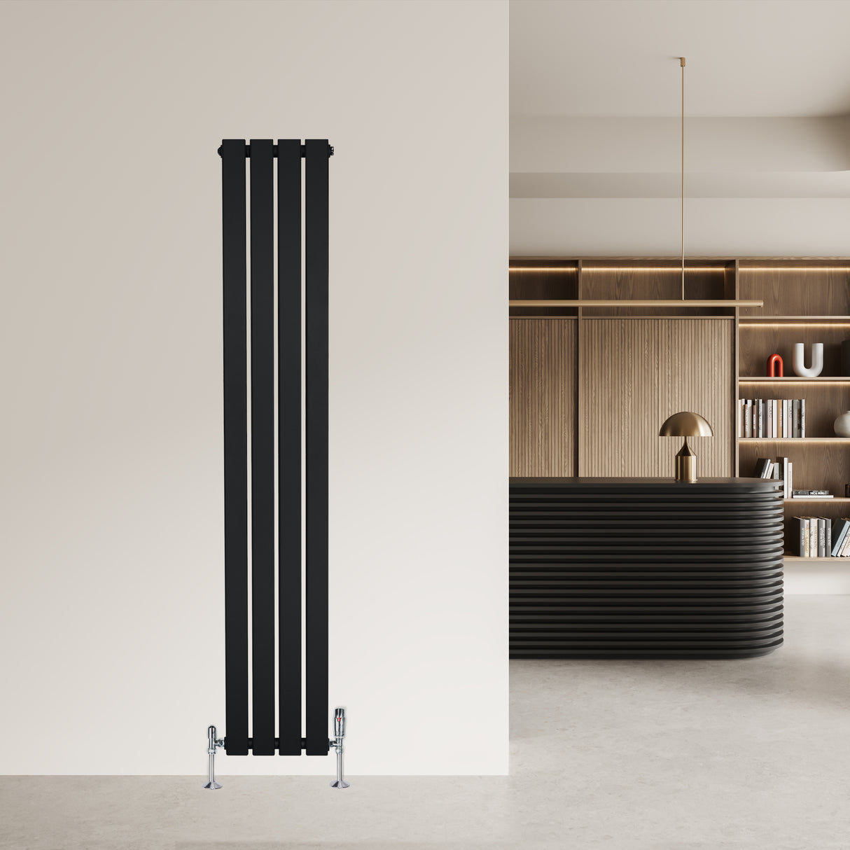 Sleek black flat single column radiator with vertical lines, mounted on a light wall, complementing a modern interior design