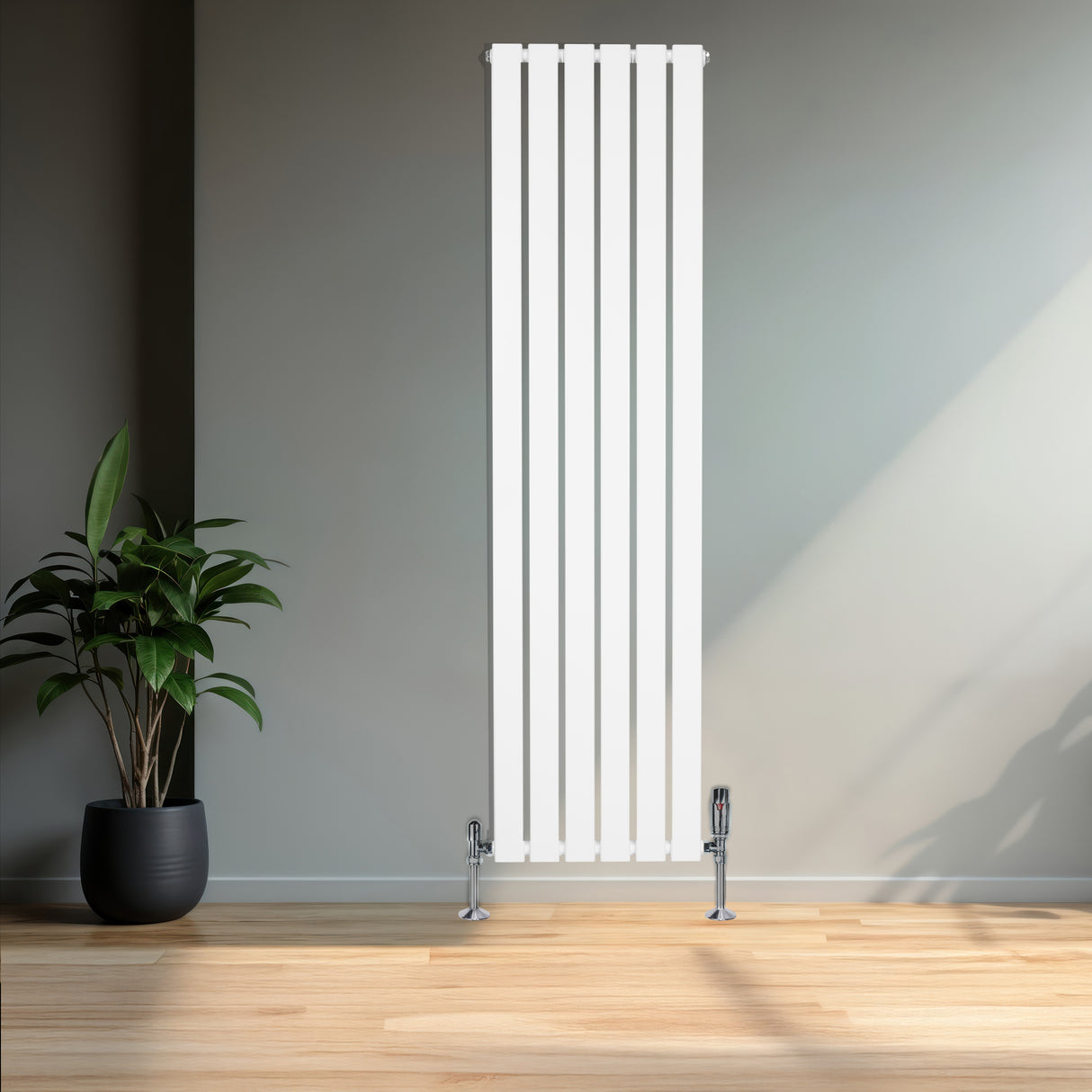 Sleek white flat single column radiator, 1600 x 420mm, with vertical slats and chrome valves, set against a modern interior backdrop