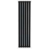 Sleek black flat single column radiator, measuring 1600 x 420mm, featuring vertical slats for modern heating efficiency