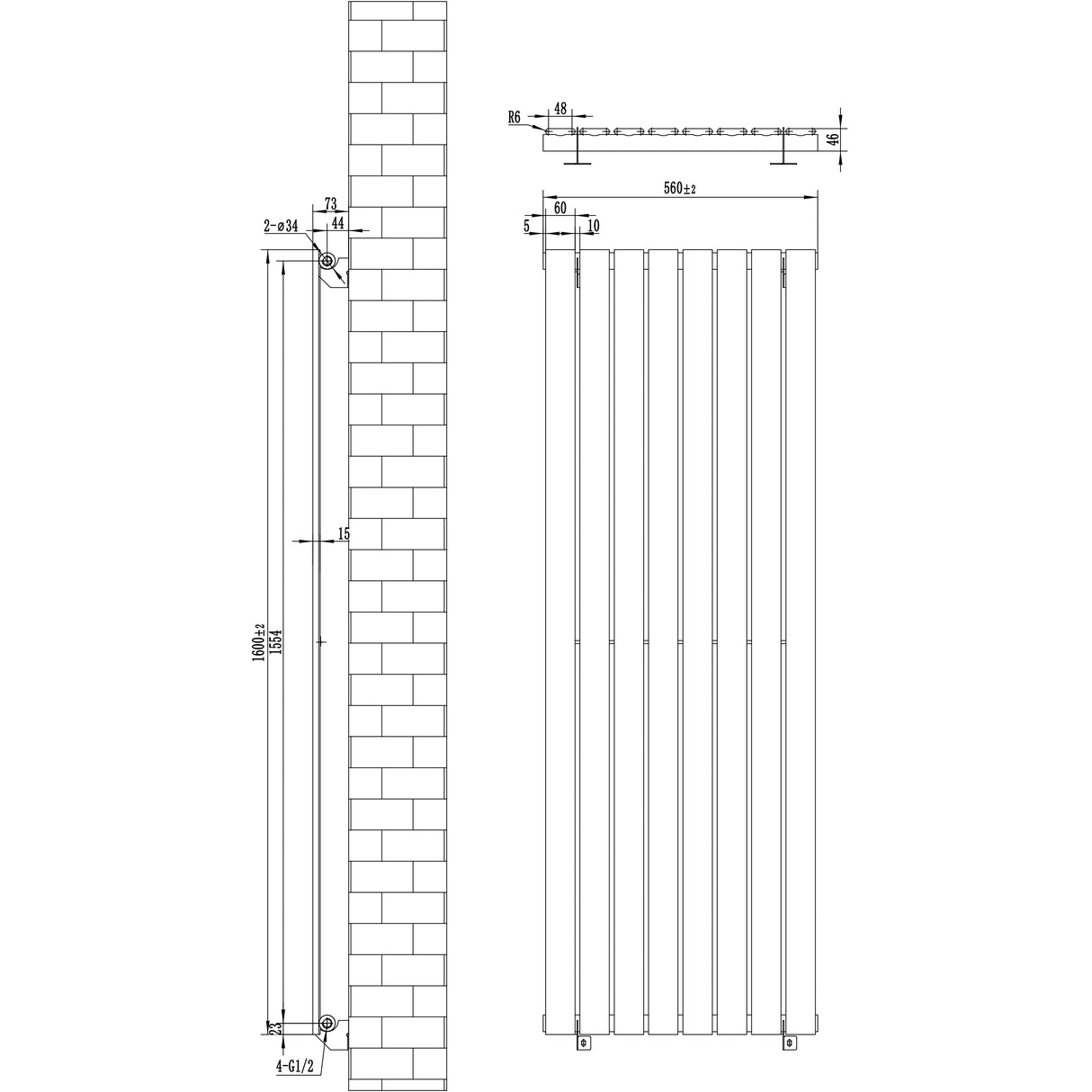 Flat single column radiator in anthracite grey, featuring a sleek vertical design with precise dimensions of 1600 x 560mm